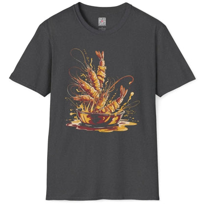 Dark heather t-shirt flatlay, detailed tempura shrimp, sauce splashes, japanese wave hokusai.