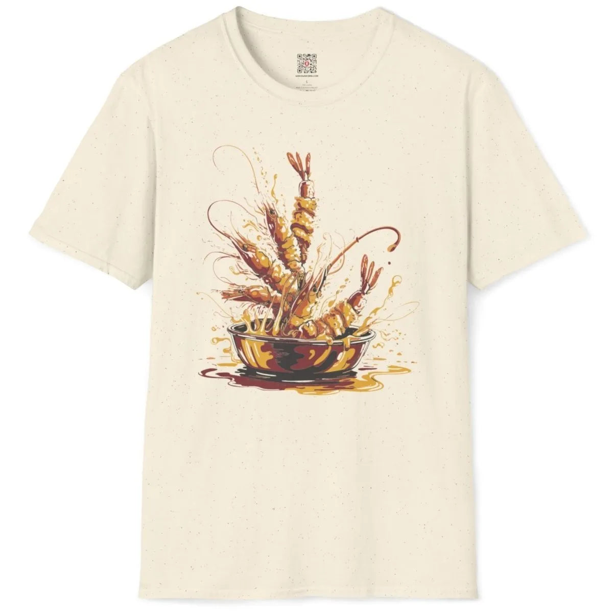 Natural t-shirt flatlay, vibrant tempura shrimp, celebratory mood, fusion cuisine.