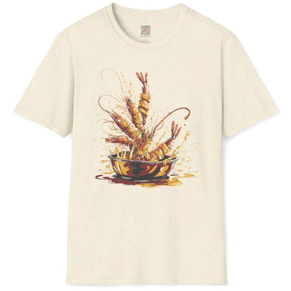 Natural t-shirt flatlay, vibrant tempura shrimp, celebratory mood, fusion cuisine.