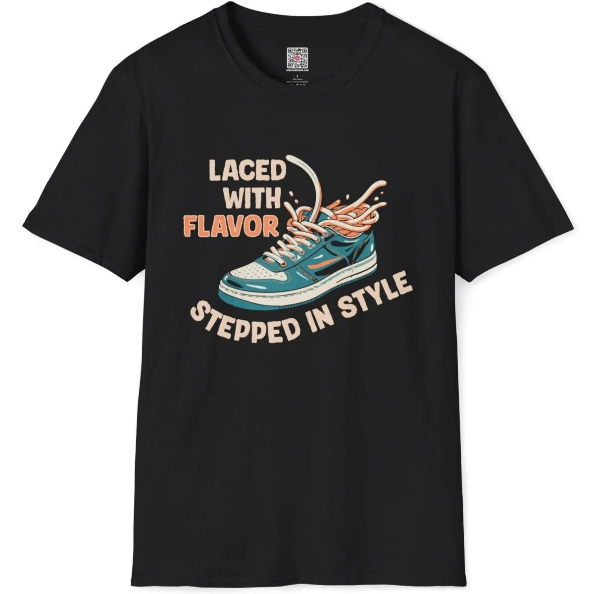 Black t-shirt flatlay, ramen sneaker with dynamic noodles, urban ramen, bold typography.