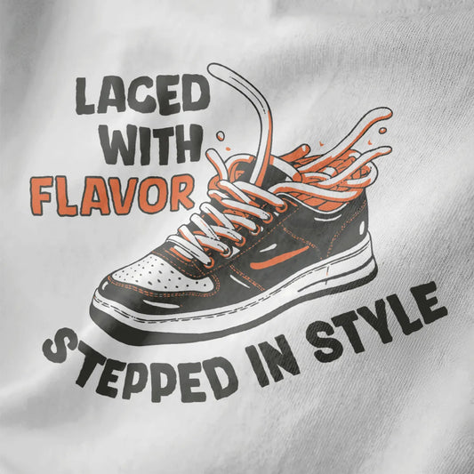 Close-up of cartoon sneaker laced with ramen noodles on white t-shirt, ramen t-shirt, graphic design t shirt.