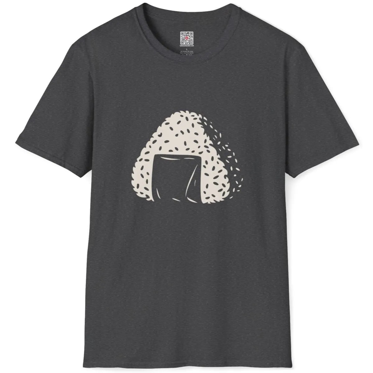 Dark heather flatlay with textured onigiri design and nori, japanese t-shirts, rustic charm.