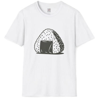 White flatlay t-shirt with classic onigiri rice ball and nori strip, japanese t-shirts, balanced composition.