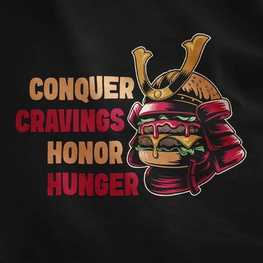 Black fabric close-up of burger transformed into samurai helmet, japanese t-shirts, bold text fonts.