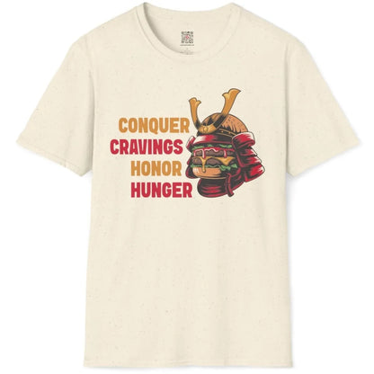 Natural flatlay t-shirt with vibrant burger samurai helmet, japanese t-shirts, cultural pride.