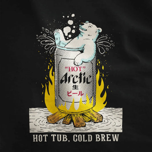 Black fabric close-up of polar bear on beer can, campfire below, japanese t-shirts, vintage beer t shirts.