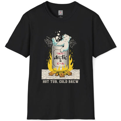 Black flatlay t-shirt featuring polar bear on beer can over campfire, japanese t-shirts, humorous quote.