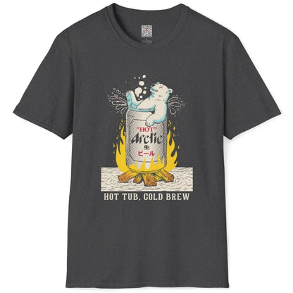 Dark heather flatlay t-shirt with polar bear hot tub beer can, japanese t-shirts, vibrant style.