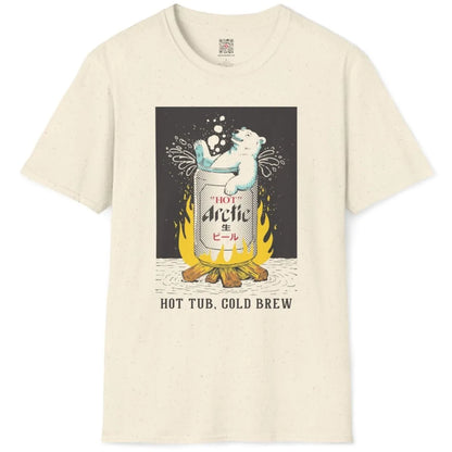 Natural flatlay t-shirt showing polar bear above campfire on beer can, japanese t-shirts, warm palette.