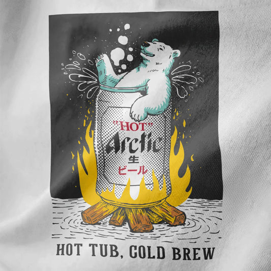 White fabric close-up with polar bear lounging on beer can above campfire, japanese t-shirts, bear shirt.