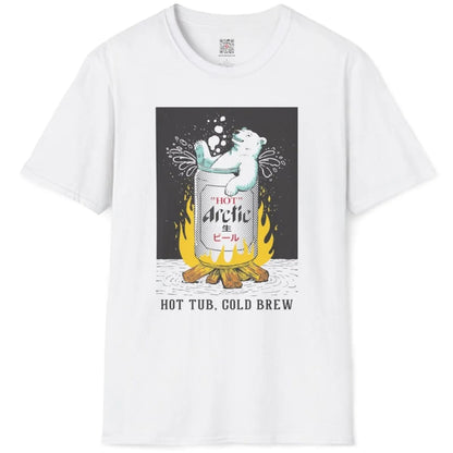 White flatlay t-shirt with polar bear, beer can, and fire, japanese t-shirts, cozy atmosphere.