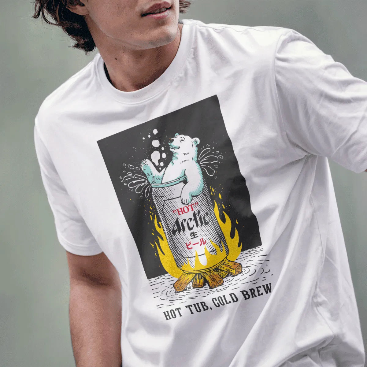 Male model in white t-shirt with polar bear, beer can, and flames, japanese t-shirts, whimsical animal.