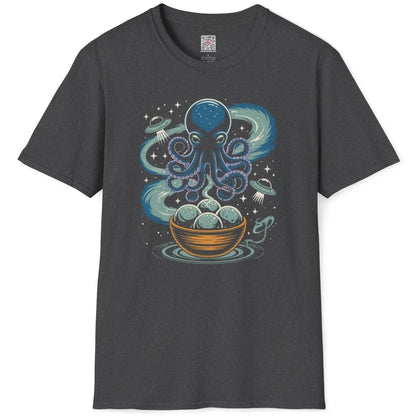 Dark heather shirt flatlay with cosmic octopus, takoyaki, and playful UFOs, cosmic design.