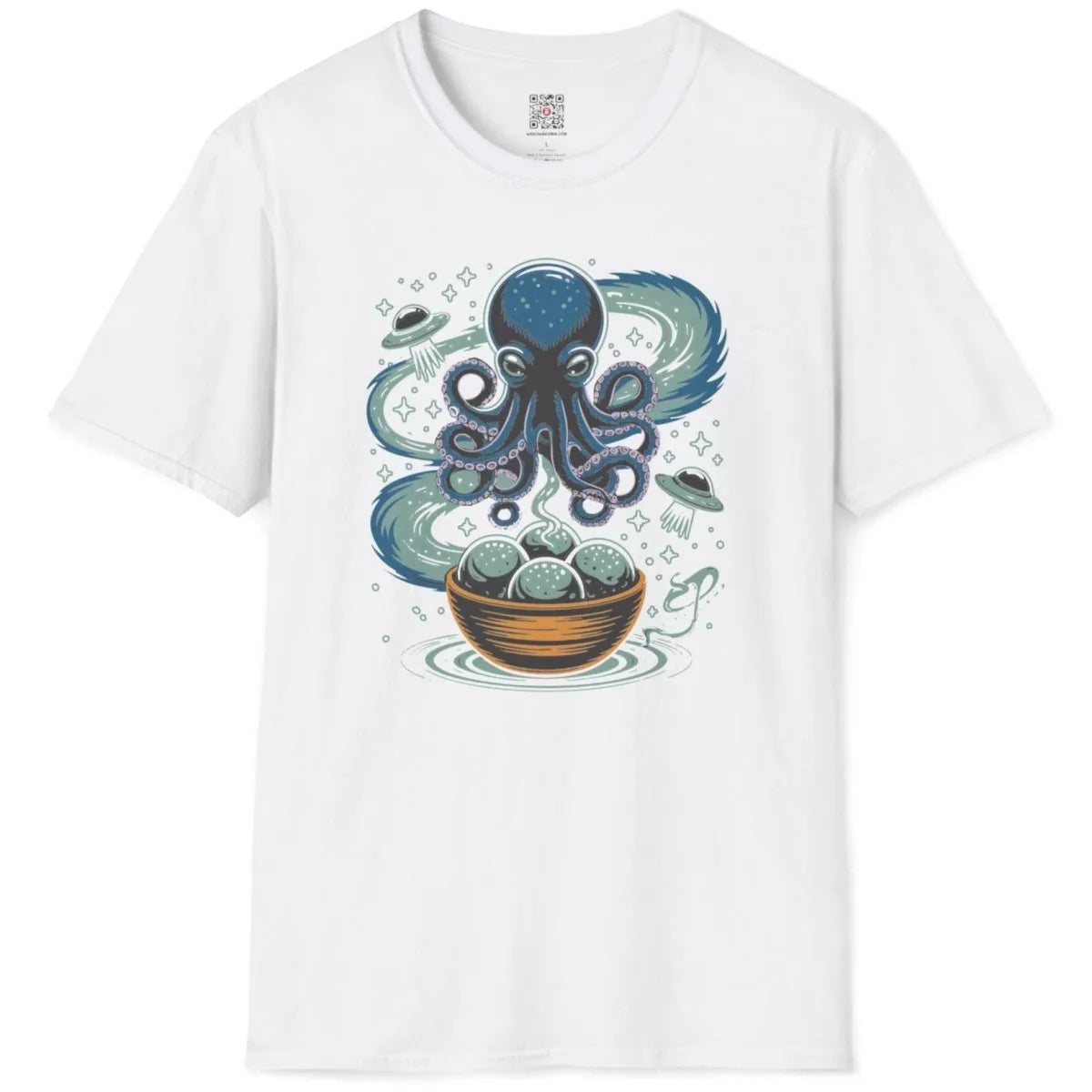 White flatlay featuring mystical octopus and takoyaki, japanese t-shirts, fusion cuisine.