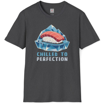 Dark heather flatlay with sushi on iceberg, sushi shirt, soft palette.