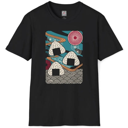 Black flatlay with stylized onigiri and river, junk food shirt, cultural symbolism.