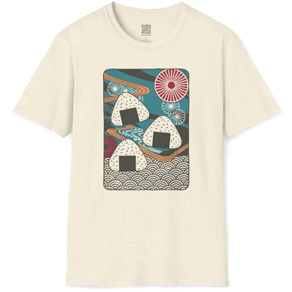 Natural flatlay with onigiri, fans, and wave patterns, rustic charm, cultural fusion.
