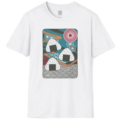 White flatlay with onigiri, fans, and plum blossoms, japanese t-shirts, balanced composition.