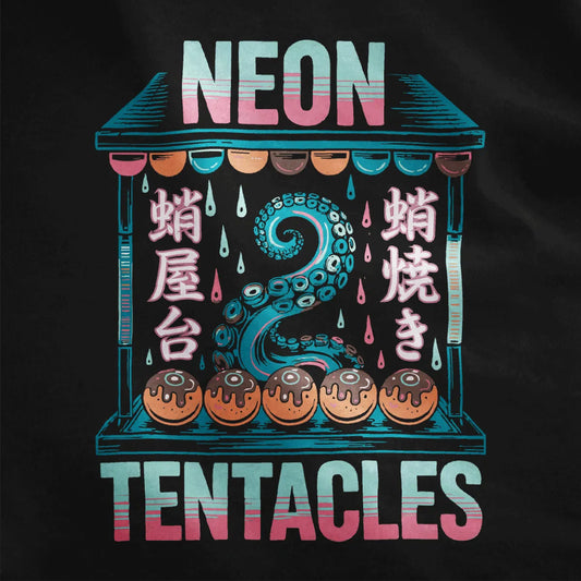 Bold neon tentacle and takoyaki balls pop on black shirt, japanese t-shirts, junk food shirt.