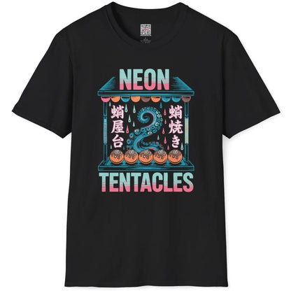 Black flatlay t-shirt with neon tentacle, takoyaki balls, and bold text fonts, graphic t-shirts stores.