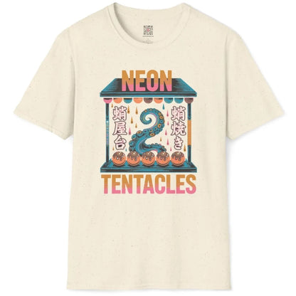 Natural t-shirt flatlay with neon tentacle, takoyaki balls, and cultural fusion design.