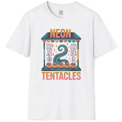 White flatlay t-shirt with neon tentacle, takoyaki balls, and vibrant text, junk food shirt.
