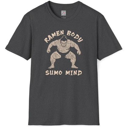 Dark heather shirt flatlay with ramen noodle sumo, ramen t-shirt, cultural pride.