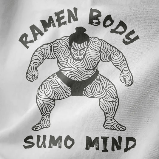 Ramen noodle sumo wrestler details on white shirt, ramen t-shirt, japanese t-shirts.