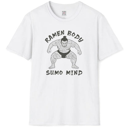 White flatlay t-shirt with ramen sumo wrestler, traditional japanese art, ramen shirt.