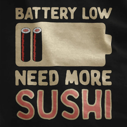 Black shirt closeup with “BATTERY LOW” text, battery icon filled with sushi rolls. sushi t-shirt, sushi art.