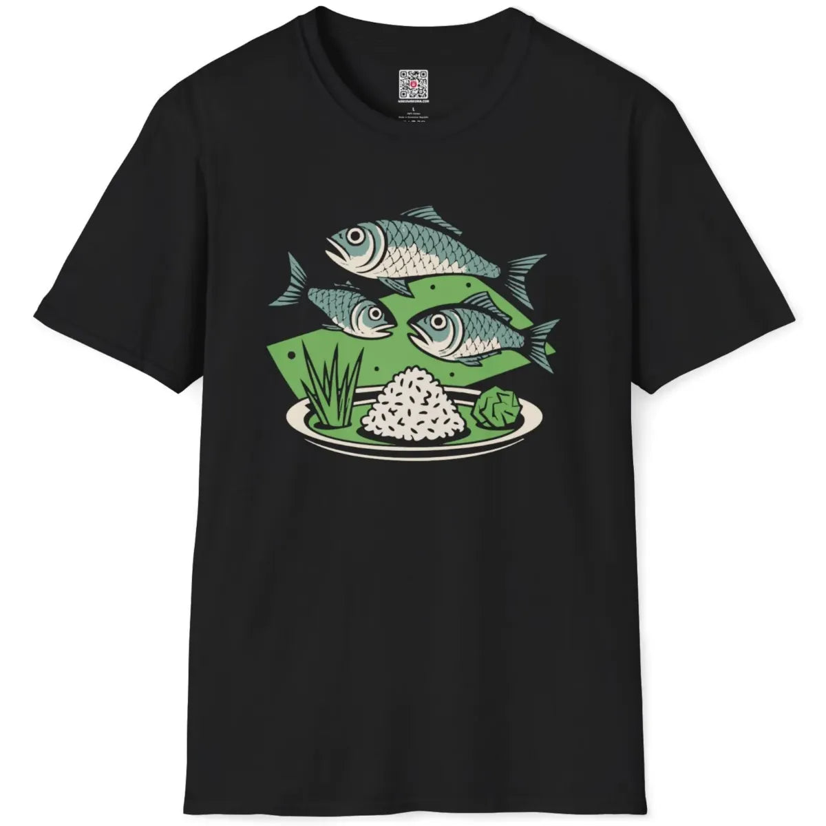 Black flatlay t-shirt with surreal fish and rice, abstract fish art, balanced composition.