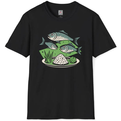 Black flatlay t-shirt with surreal fish and rice, abstract fish art, balanced composition.