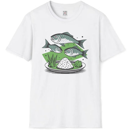 White flatlay t-shirt with floating fish, rice plate, and garnish, traditional sushi.