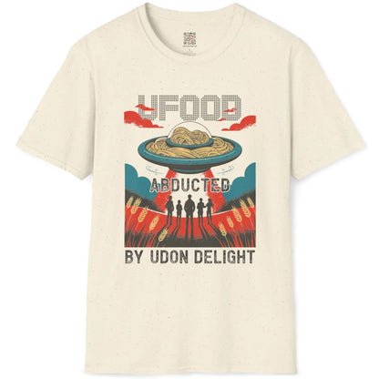 Natural t-shirt flatlay with graphic t-shirt design: UFO, golden udon, adventure theme, and vintage poster style.