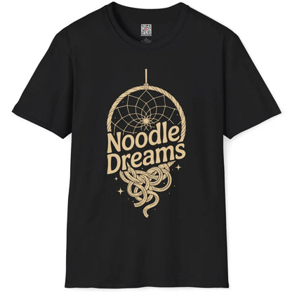 Black t-shirt flatlay displaying cozy dreamcatcher with Japanese ramen noodles replacing traditional feathers.