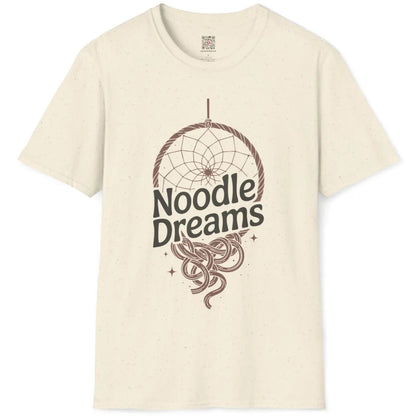 Natural t-shirt flatlay showcasing harmonious ramen dreamcatcher artwork with playful typography.