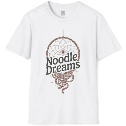 White t-shirt flatlay showing geometric dreamcatcher web with whimsical ramen noodles and magical stars.