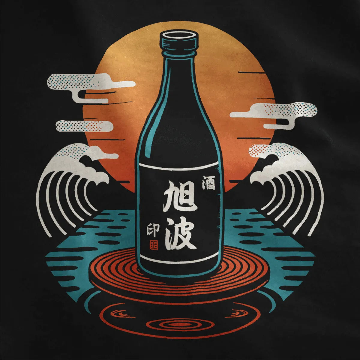 Black fabric close-up showing outlined sake bottle, stylized teal waves, and radiant sun with vintage Japanese vibe.