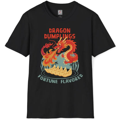 Black t-shirt flatlay with textured dragon t shirt design, dumpling platter, and distressed poster font.
