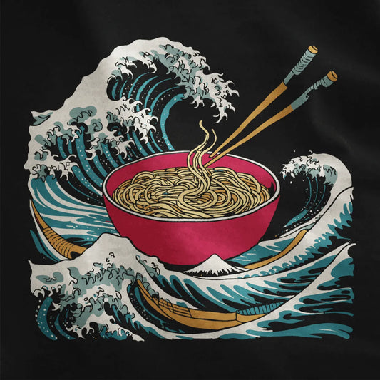 Black fabric close-up showing bold ramen illustration, Hokusai-inspired waves, and chopsticks lifting noodles.
