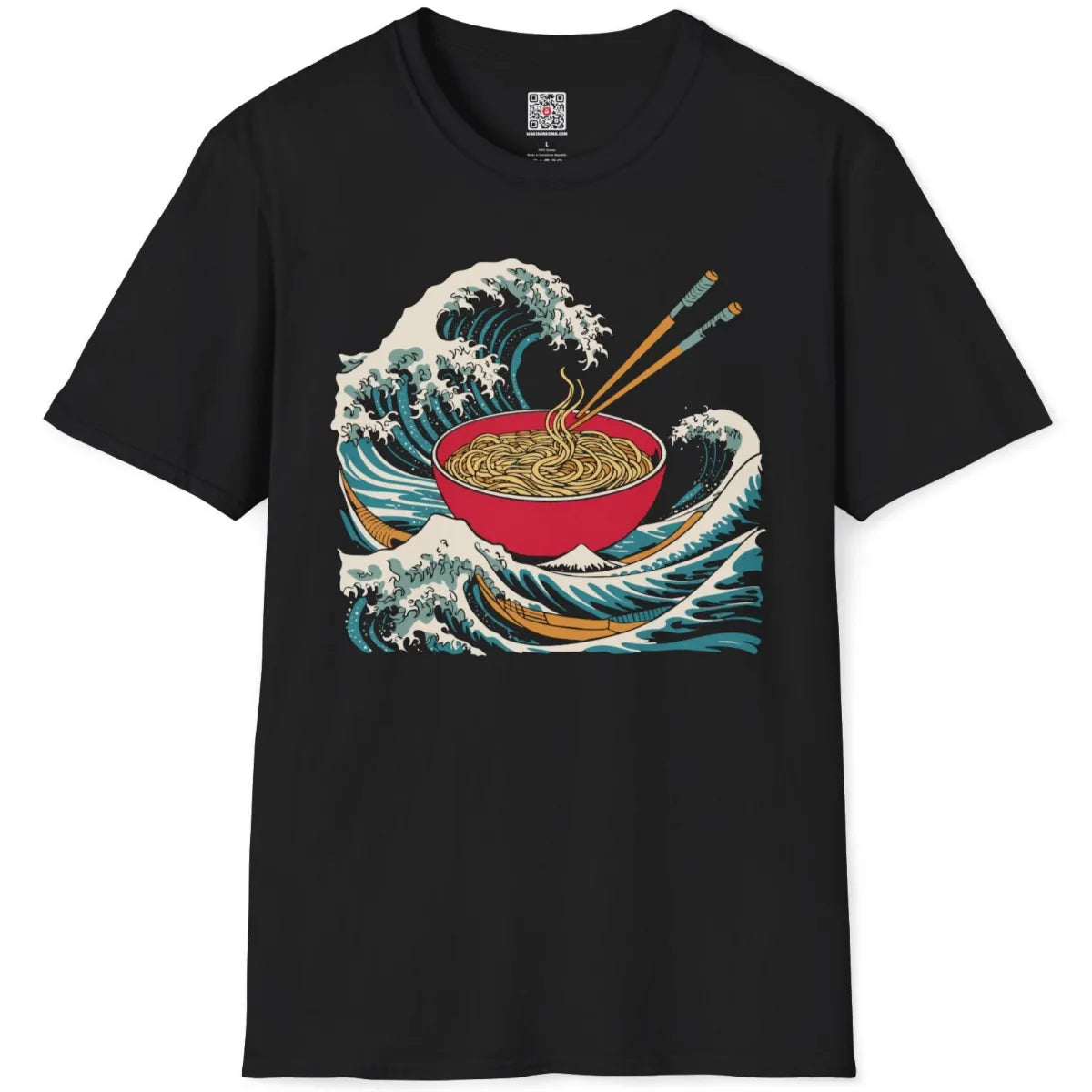 Black t-shirt flatlay with hand-drawn ramen, towering waves, and boats in ukiyo-e inspired graphic design.