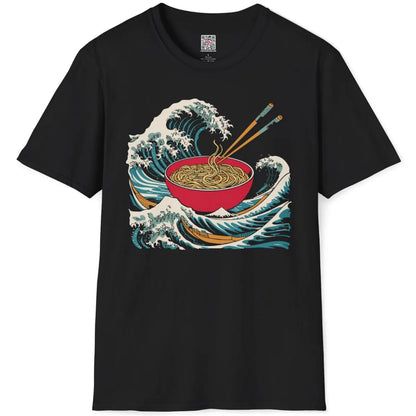 Black t-shirt flatlay with hand-drawn ramen, towering waves, and boats in ukiyo-e inspired graphic design.