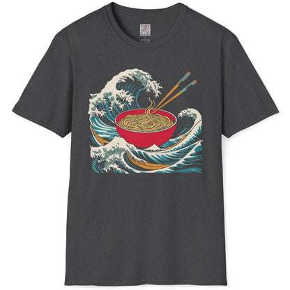 Dark heather t-shirt flatlay featuring modernist ramen art, dramatic ocean waves, and textured line art.