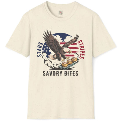 Natural t-shirt flatlay with graphic eagle, detailed takoyaki, and whimsical American flag elements.
