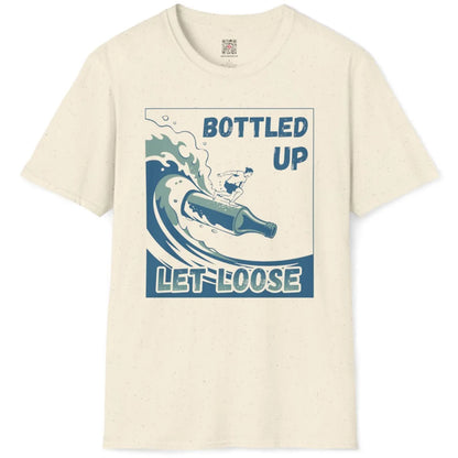 Natural t-shirt flatlay featuring playful surf culture art, bottle surfboard, and weathered beach sign font.