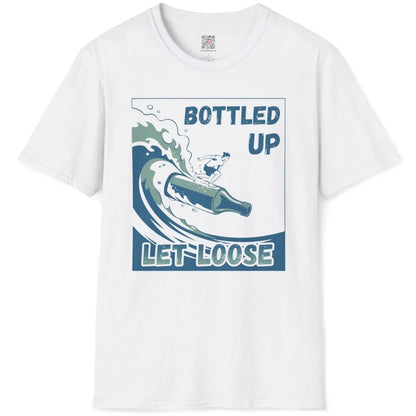 White t-shirt flatlay with cool blue surf scene, bottle as surfboard, and bold summer liberation theme.