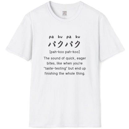White t-shirt flatlay with bold "paku-paku" Japanese and English text, funny shirts with sayings, japan aesthetic clothes.