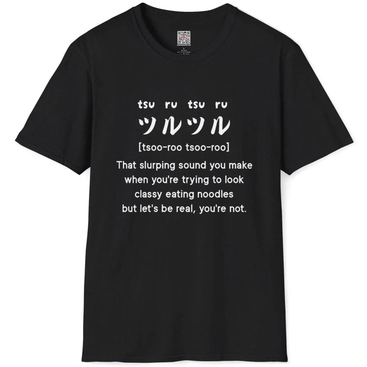 Black flatlay tee with "tsuru-tsuru" Japanese lettering and humorous text, japan tee shirts, t shirt design graphic.