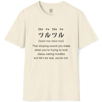 Natural flatlay tee with "tsuru-tsuru" Japanese and English text, softstyle t-shirt, foodie style.