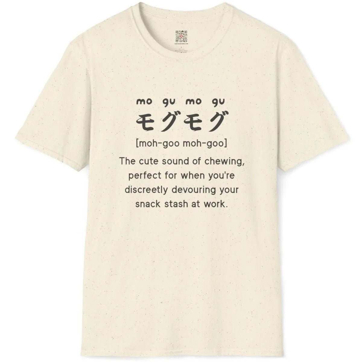 Natural shirt flatlay, "mogu-mogu" Japanese text and snack joke, junk food shirt, japanese t-shirts.